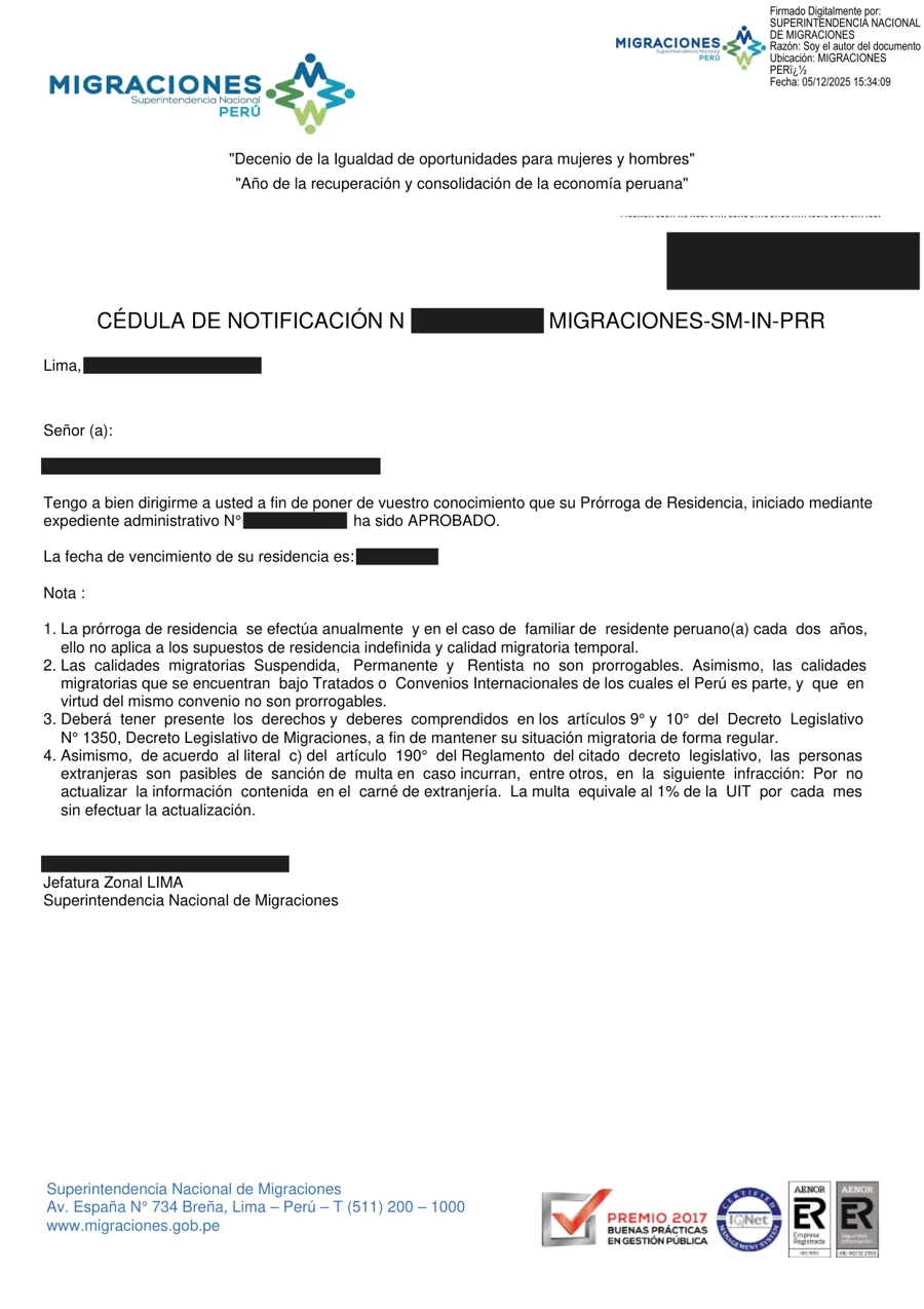 Notificación de Migraciones: trámite aprobado, con datos ocultos